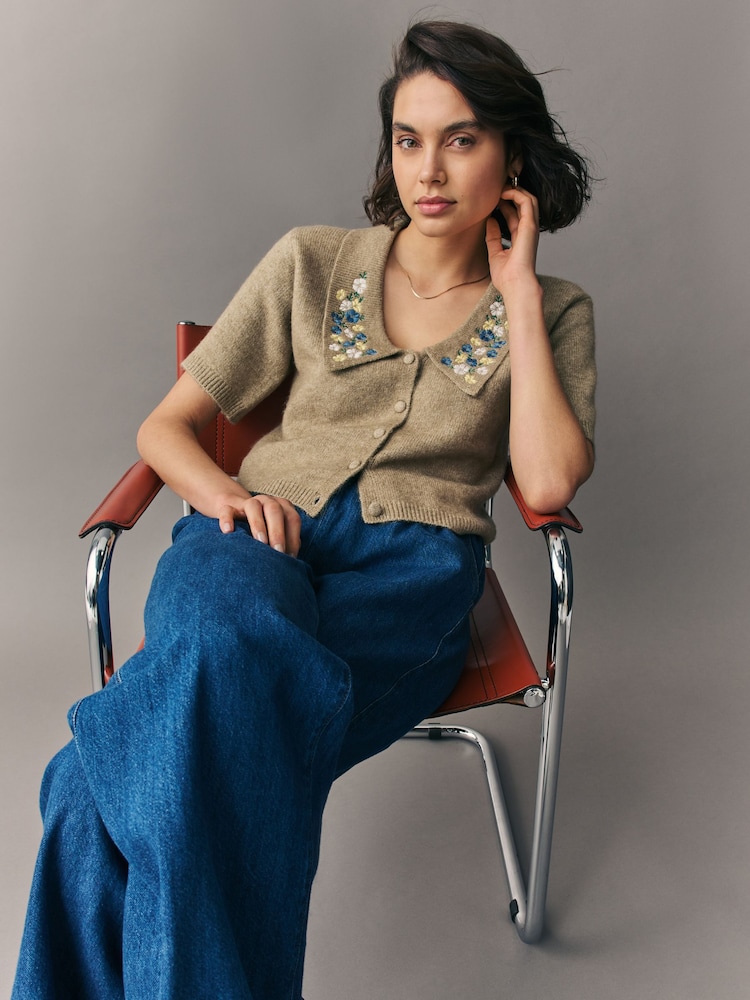 Green Sage Floral Embroidered Short Sleeve Collared Cardigan - Image 1 of 8