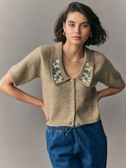 Green Sage Floral Embroidered Short Sleeve Collared Cardigan - Image 4 of 8
