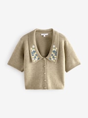 Green Sage Floral Embroidered Short Sleeve Collared Cardigan - Image 6 of 8