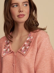 Pink Peach Floral Embroidered Short Sleeve Collared Cardigan - Image 1 of 7