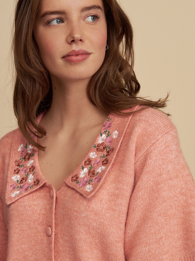 Pink Peach Floral Embroidered Short Sleeve Collared Cardigan - Image 1 of 7
