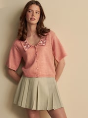 Pink Peach Floral Embroidered Short Sleeve Collared Cardigan - Image 2 of 7