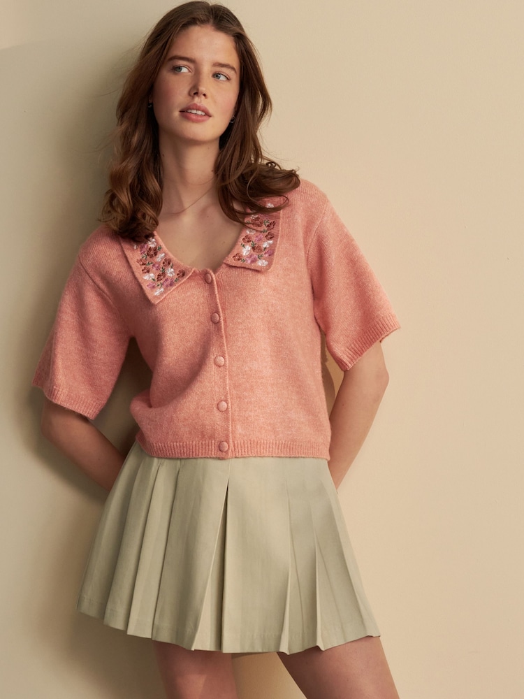 Pink Peach Floral Embroidered Short Sleeve Collared Cardigan - Image 2 of 7