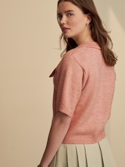 Pink Peach Floral Embroidered Short Sleeve Collared Cardigan - Image 3 of 7