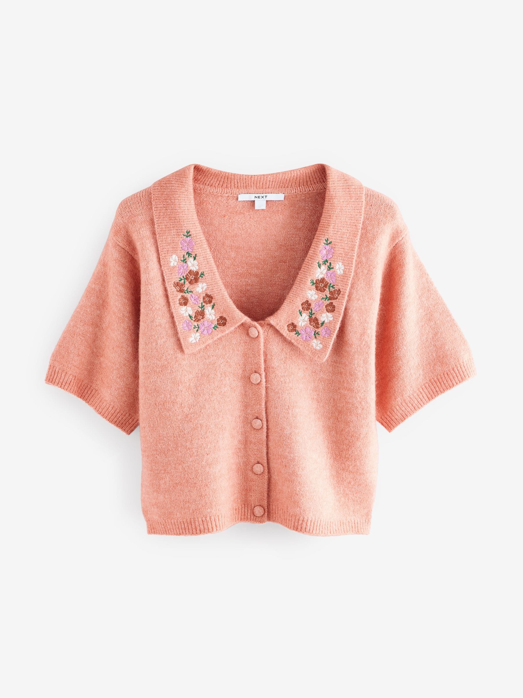 Buy Pink Peach Floral Embroidered Short Sleeve Collared Cardigan