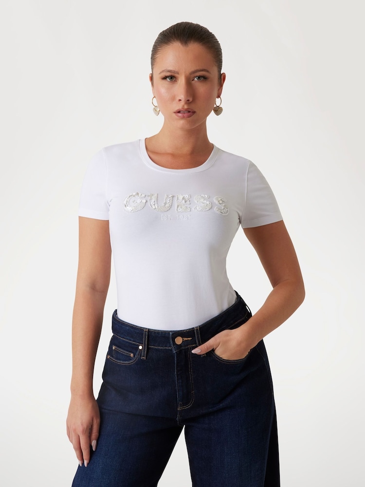 Guess Sequin Short Sleeve Logo T-Shirt - Image 1 of 5 Guess Sequin Short Sleeve Logo T-Shirt - Image 1 of 5