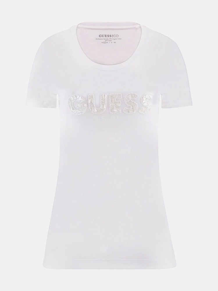 Белый - футболка с короткими рукавами и логотипом Guess пайетками - Изображение 5 из 5