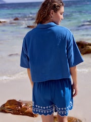Blue 100% Cotton Embroidered Shortsleeve Shirt - Image 4 of 5