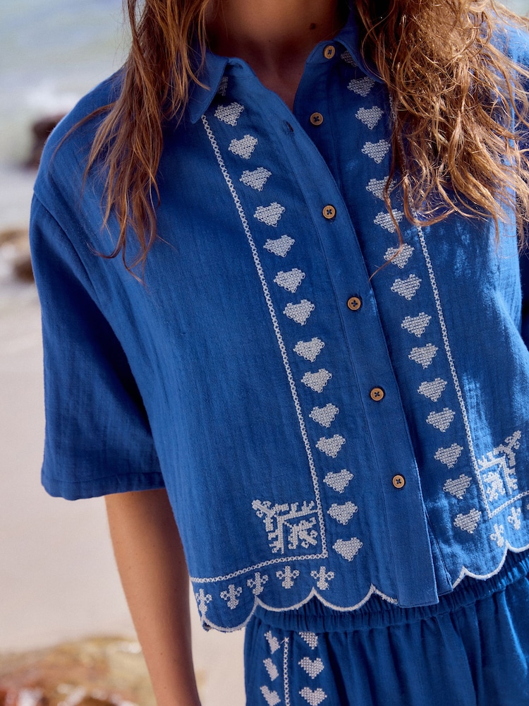 Blue 100% Cotton Embroidered Shortsleeve Shirt - Image 5 of 5 Blue 100% Cotton Embroidered Shortsleeve Shirt - Image 5 of 5