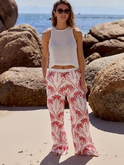 Red/White Embroidered Palm Print Wide Leg Trousers - Image 1 of 7