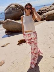 Red/White Embroidered Palm Print Wide Leg Trousers - Image 2 of 7