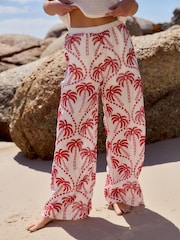 Red/White Embroidered Palm Print Wide Leg Trousers - Image 3 of 7