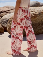 Red/White Embroidered Palm Print Wide Leg Trousers - Image 4 of 7