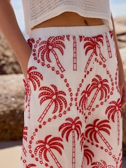 Red/White Embroidered Palm Print Wide Leg Trousers - Image 5 of 7