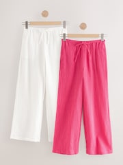 Pink/White 2 Pack Wide Leg Textured Trousers with Linen - Image 1 of 9