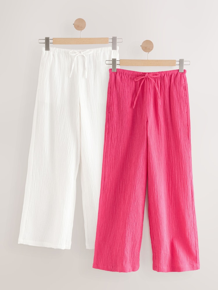Pink/White 2 Pack Wide Leg Textured Trousers with Linen - Image 1 of 9