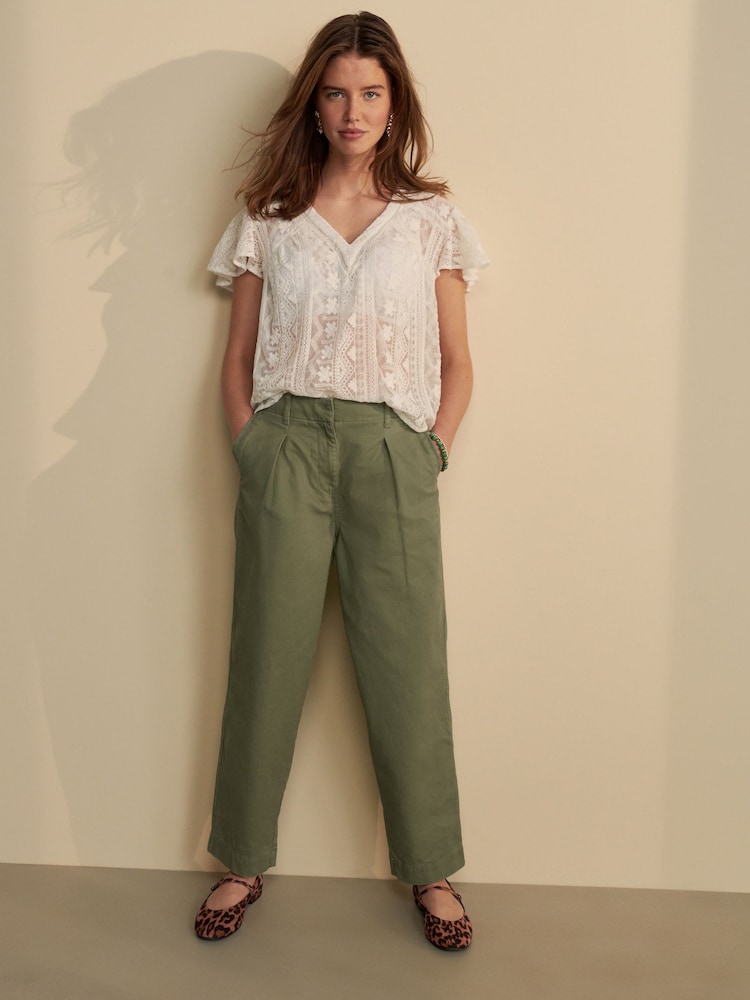 Sage Green 100% Cotton Barrel Leg Chinos Trousers - Image 2 of 8 Sage Green 100% Cotton Barrel Leg Chinos Trousers - Image 2 of 8