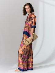 Brown Floral Print Wide Leg Satin Trousers - Image 1 of 8