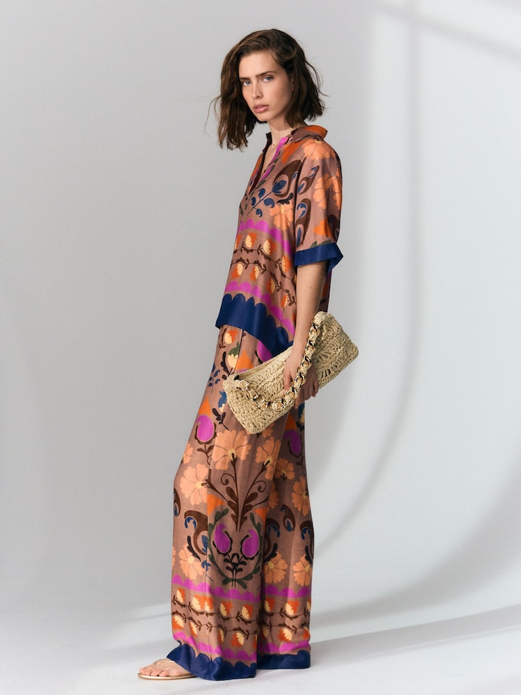 Brown Floral Print Wide Leg Satin Trousers - Image 1 of 8