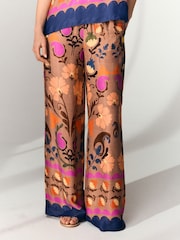 Brown Floral Print Wide Leg Satin Trousers - Image 3 of 8