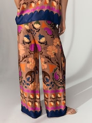 Brown Floral Print Wide Leg Satin Trousers - Image 4 of 8
