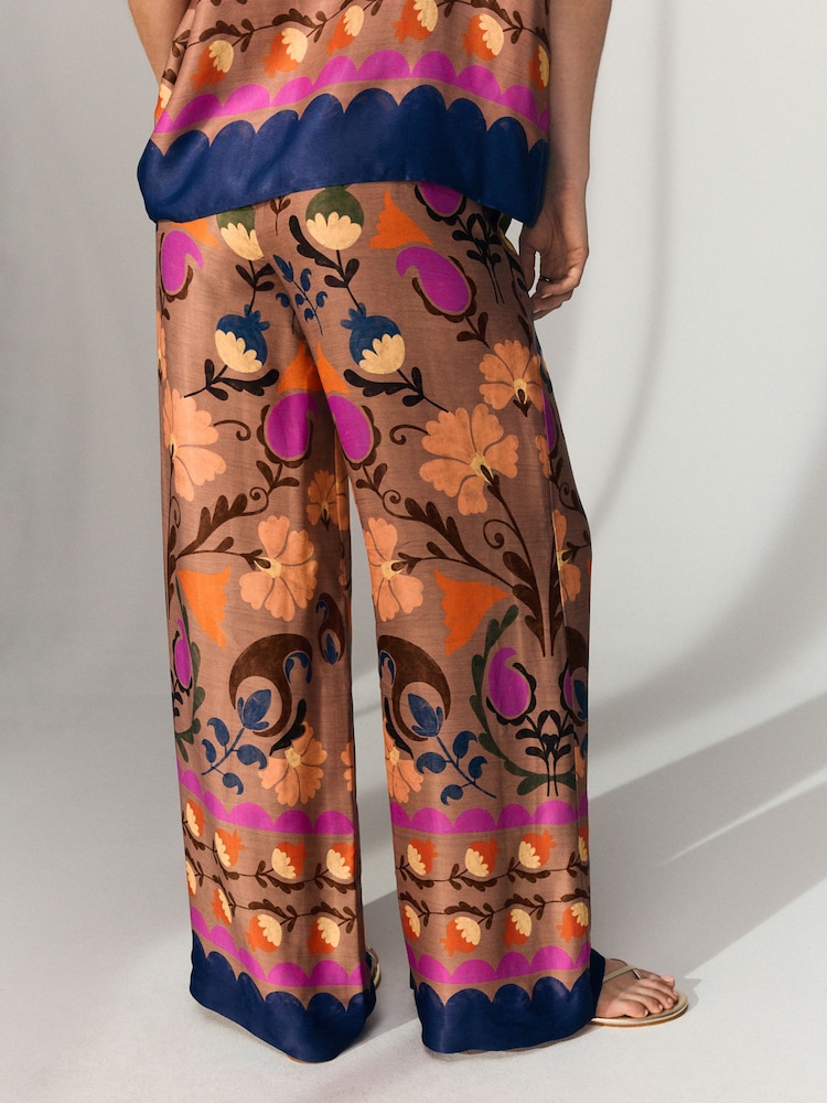 Brown Floral Print Wide Leg Satin Trousers - Image 4 of 8