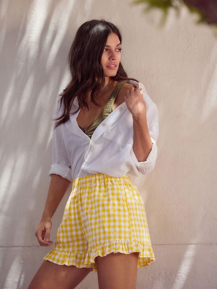 Yellow 100% Cotton Embroidered Gingham Boy Shorts - Image 2 of 8