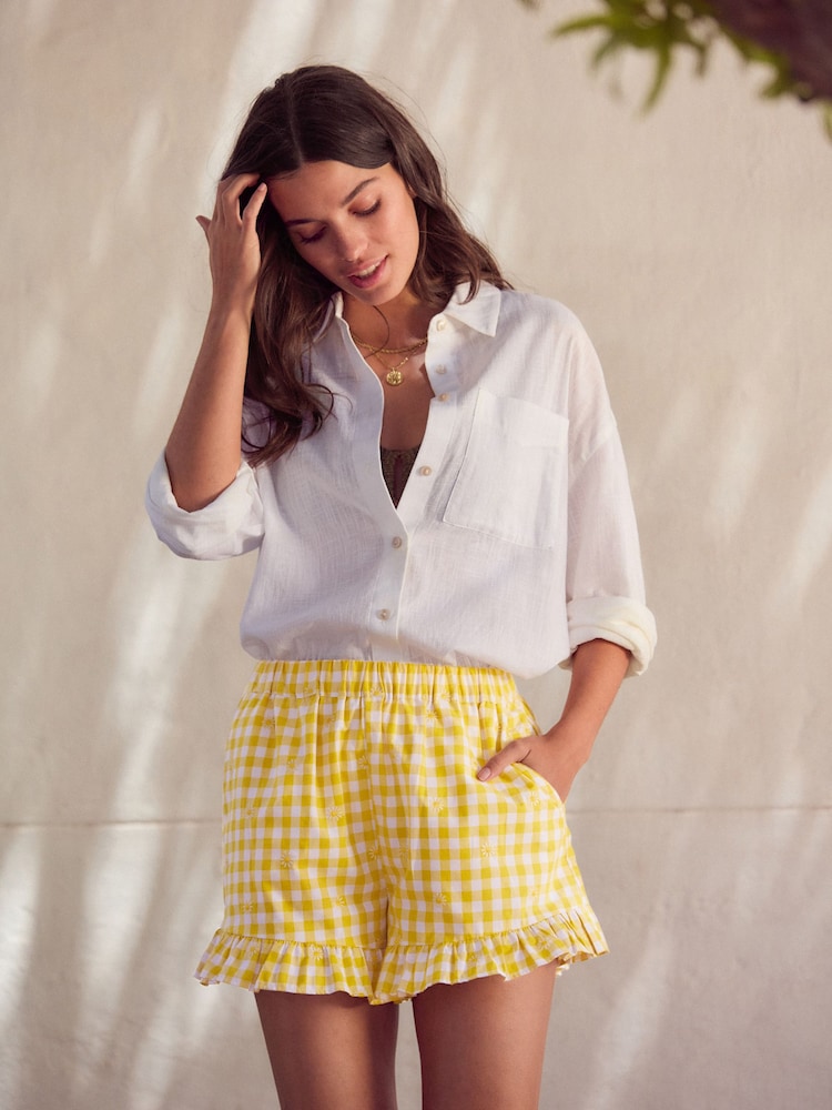 Yellow 100% Cotton Embroidered Gingham Boy Shorts - Image 3 of 8