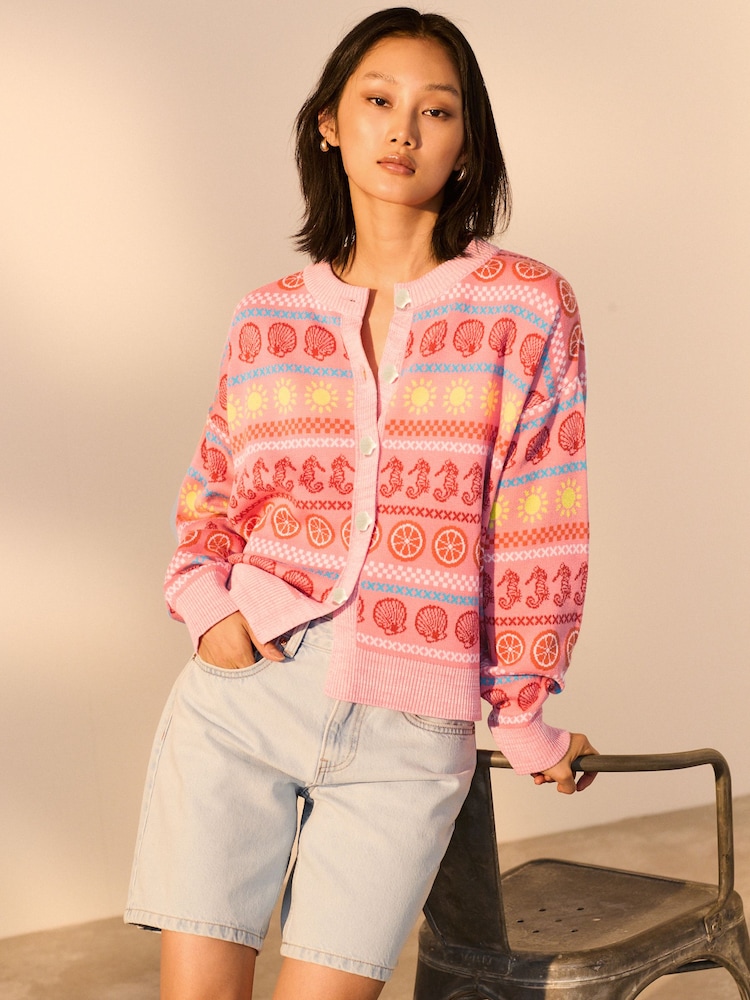 Pink Sea Patterned Colourful Knitted Cardigan - Image 1 of 7 Pink Sea Patterned Colourful Knitted Cardigan - Image 1 of 7
