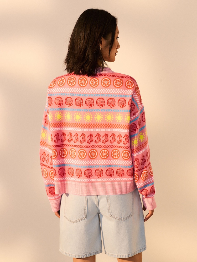 Pink Sea Patterned Colourful Knitted Cardigan - Image 2 of 7 Pink Sea Patterned Colourful Knitted Cardigan - Image 2 of 7