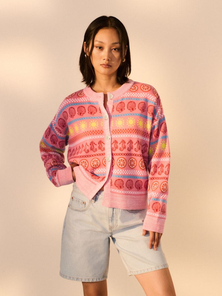 Pink Sea Patterned Colourful Knitted Cardigan - Image 3 of 7