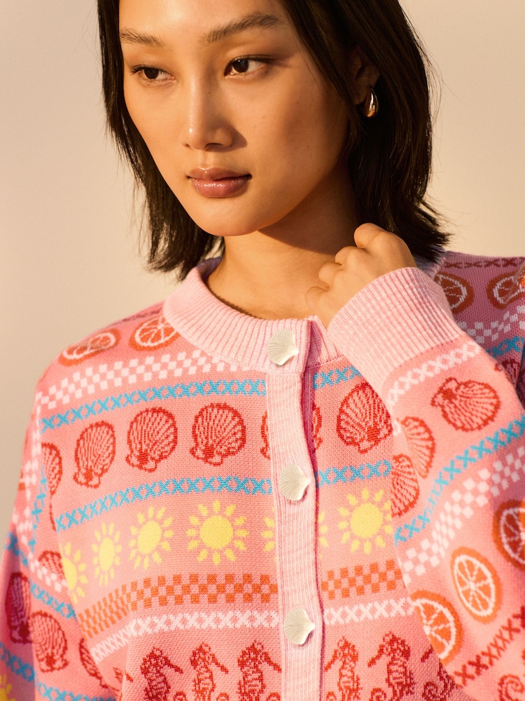 Pink Sea Patterned Colourful Knitted Cardigan - Image 4 of 7