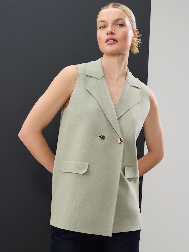 Sage Green Smart Knitted Waistcoat Blazer with Faux Pockets - Image 1 of 7