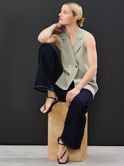 Sage Green Smart Knitted Waistcoat Blazer with Faux Pockets - Image 2 of 7