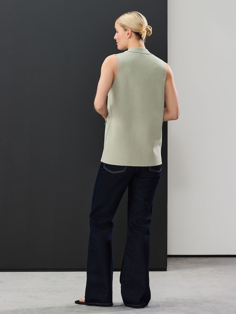Sage Green Smart Knitted Waistcoat Blazer with Faux Pockets - Image 3 of 7