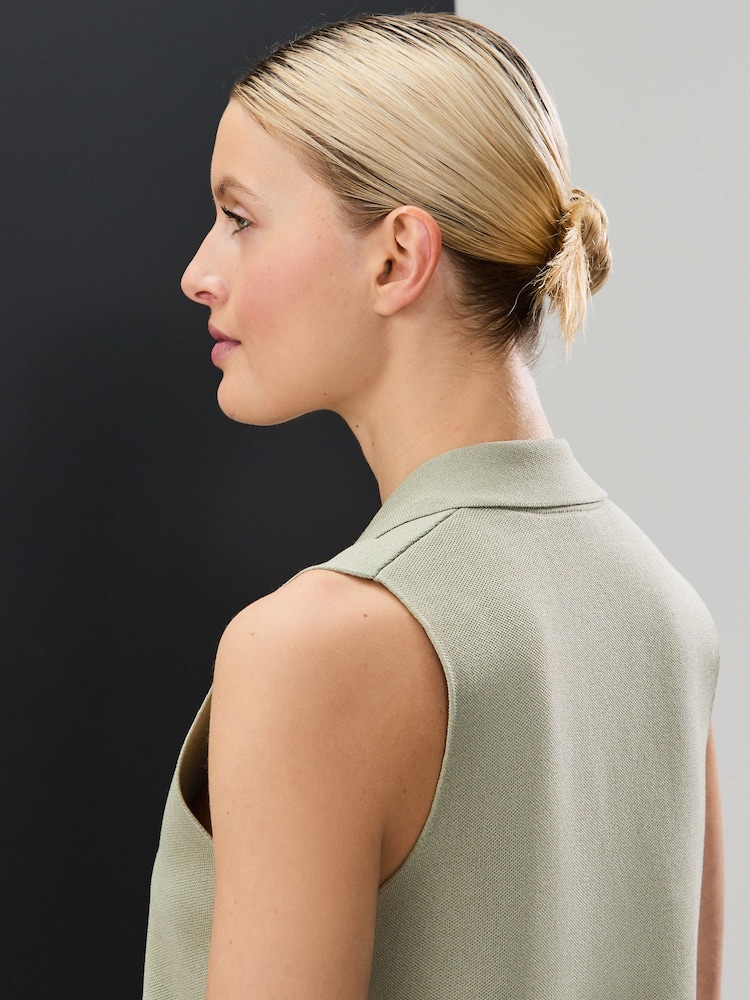 Sage Green Smart Knitted Waistcoat Blazer with Faux Pockets - Image 4 of 7