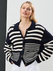 Navy White Stripe 100% Cotton Relaxed Stripe Cardigan - Image 1 of 8