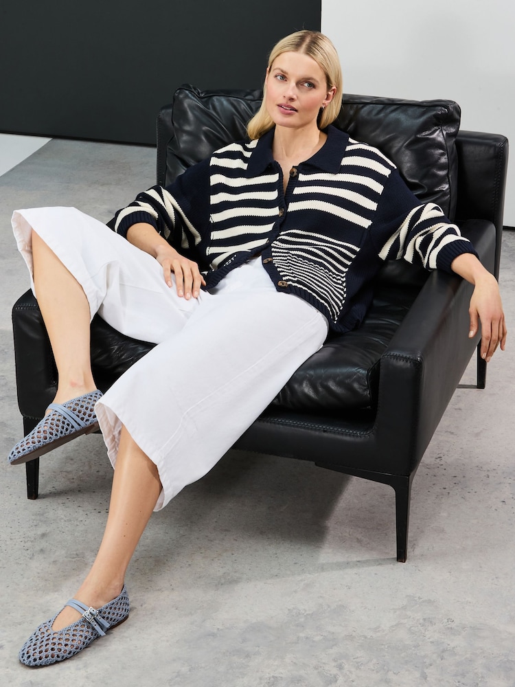 Navy White Stripe 100% Cotton Relaxed Stripe Cardigan - Image 2 of 8