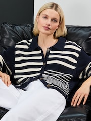Navy White Stripe 100% Cotton Relaxed Stripe Cardigan - Image 3 of 8