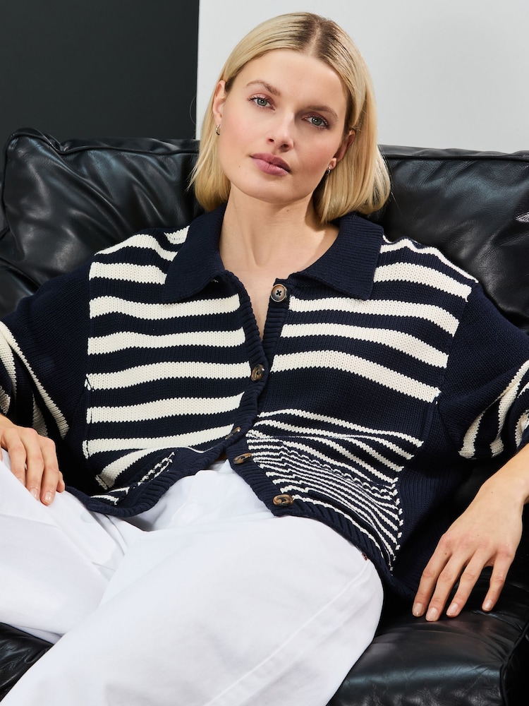 Navy White Stripe 100% Cotton Relaxed Stripe Cardigan - Image 3 of 8