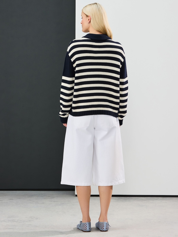 Navy White Stripe 100% Cotton Relaxed Stripe Cardigan - Image 4 of 8