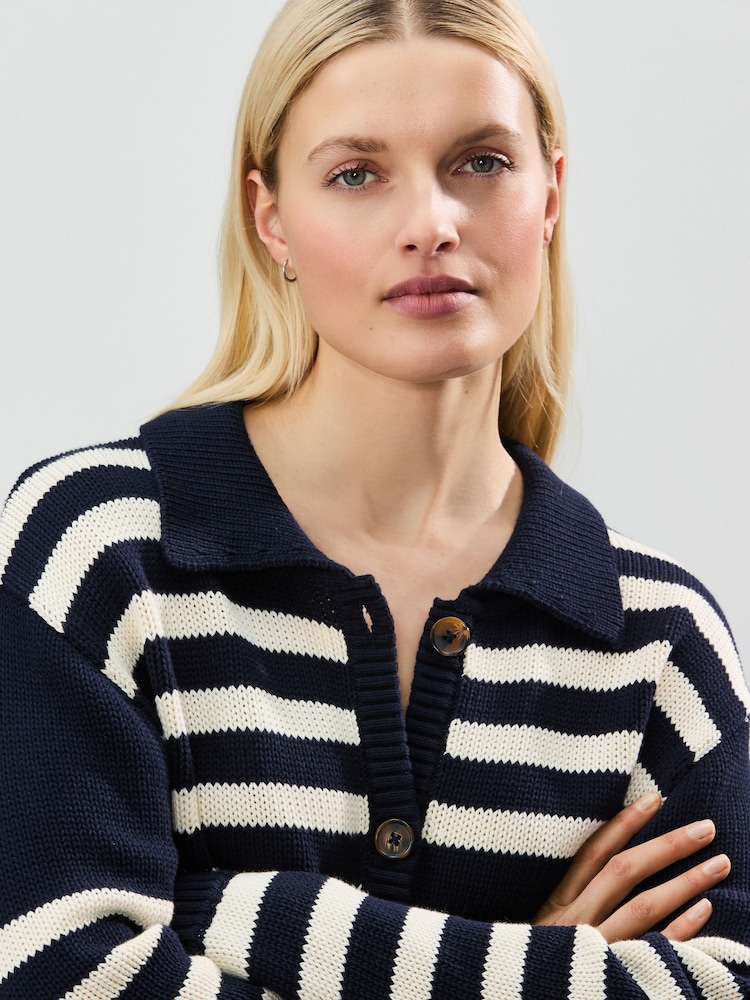 Navy White Stripe 100% Cotton Relaxed Stripe Cardigan - Image 5 of 8