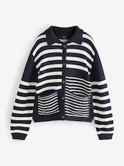 Navy White Stripe 100% Cotton Relaxed Stripe Cardigan - Image 6 of 8
