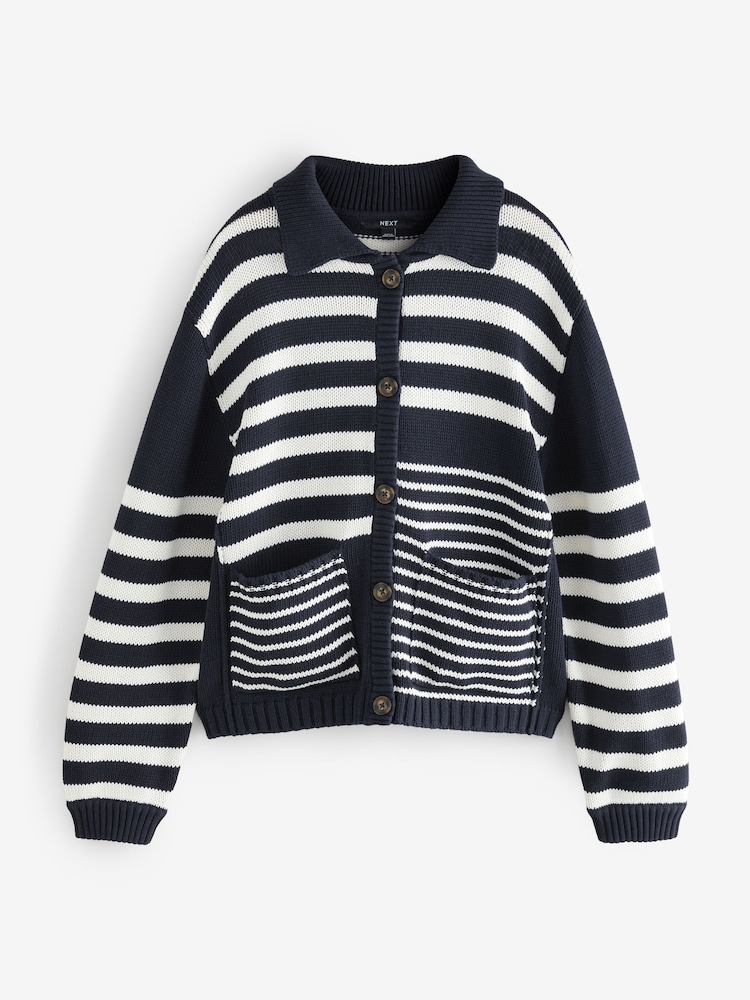 Navy White Stripe 100% Cotton Relaxed Stripe Cardigan - Image 6 of 8