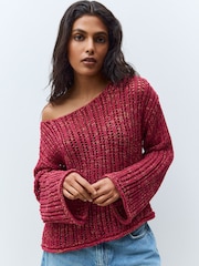 Red Stitchy Off The Shoulder Flare Sleeve Jumper - Image 1 of 8