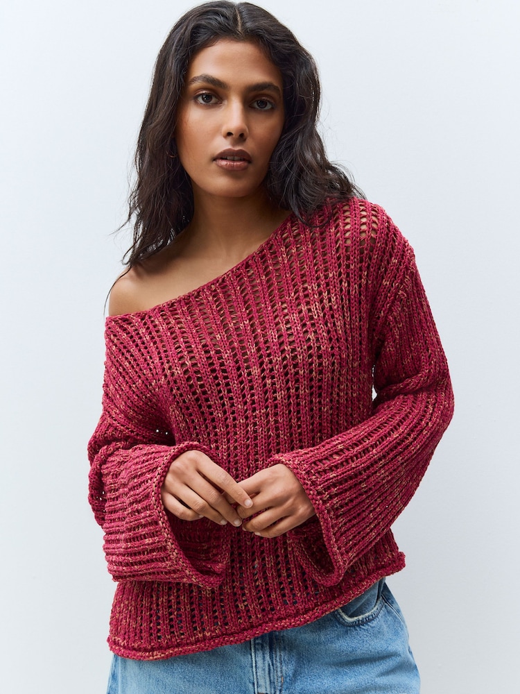 Red Stitchy Off The Shoulder Flare Sleeve Jumper - Image 1 of 8