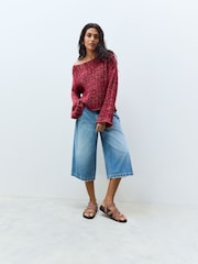 Red Stitchy Off The Shoulder Flare Sleeve Jumper - Image 3 of 8