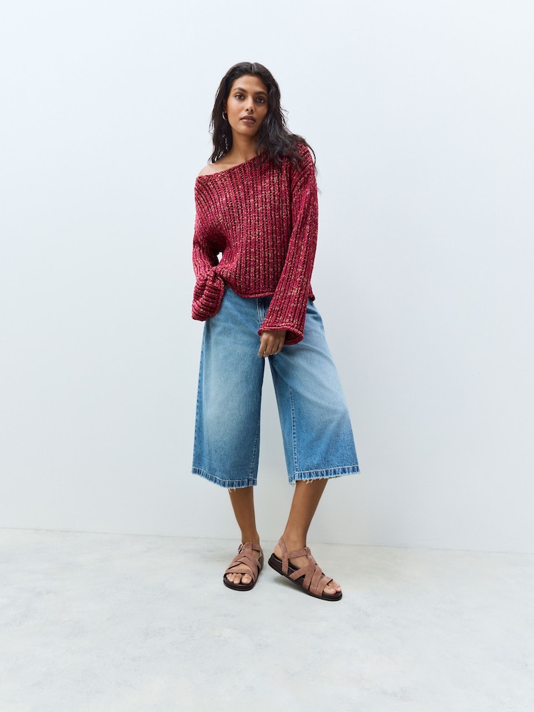 Red Stitchy Off The Shoulder Flare Sleeve Jumper - Image 3 of 8