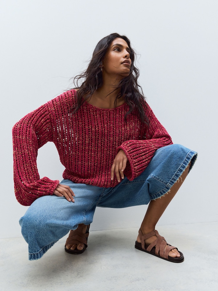 Red Stitchy Off The Shoulder Flare Sleeve Jumper - Image 4 of 8