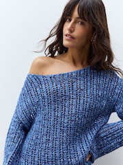 Blue Stitchy Off The Shoulder Flare Sleeve Jumper - Image 1 of 8